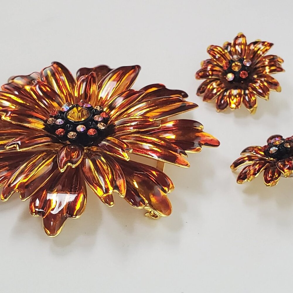 Stunning Orange Amber Joan Rivers Floral Statement Brooch Pin and Earring Set